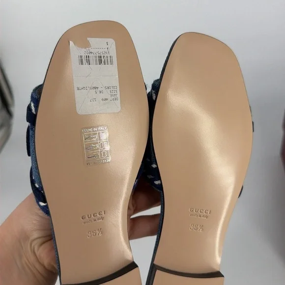 Gucci 36.5 Denim Jean Jane Logo Blue Stripe Slides Sandals E950 - Picture 13 of 14